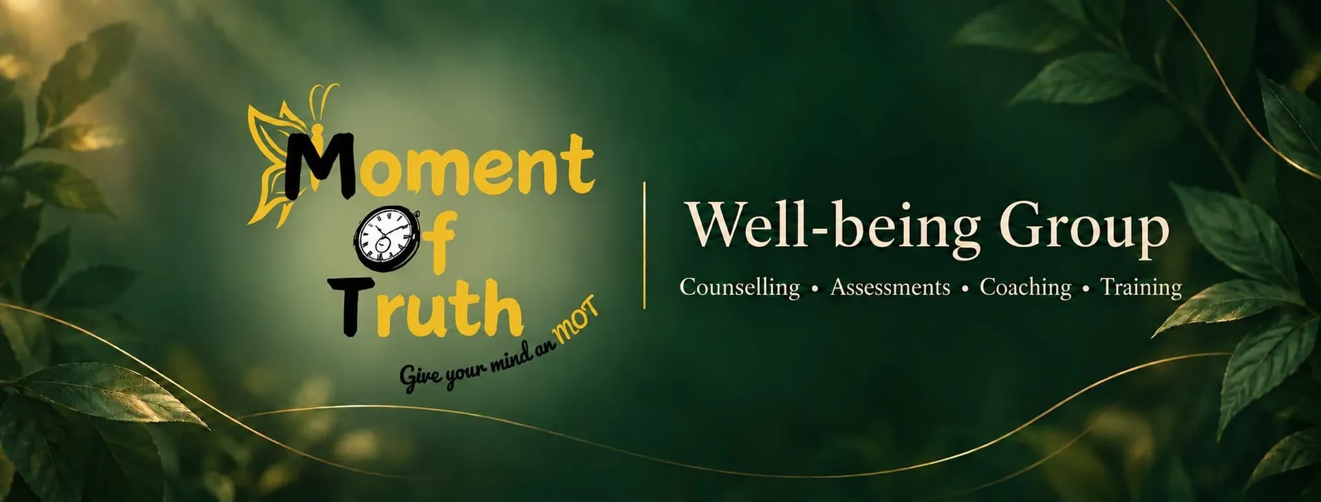 Moment of Truth Well-being Group company banner with its logo, counselling, assessments, coaching, and training message