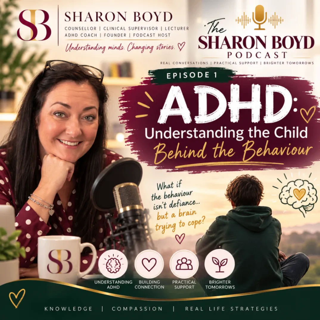 Sharon Boyd Podcast artwork for episode one, Understanding the Child Behind the Behaviour, with Sharon at a microphone